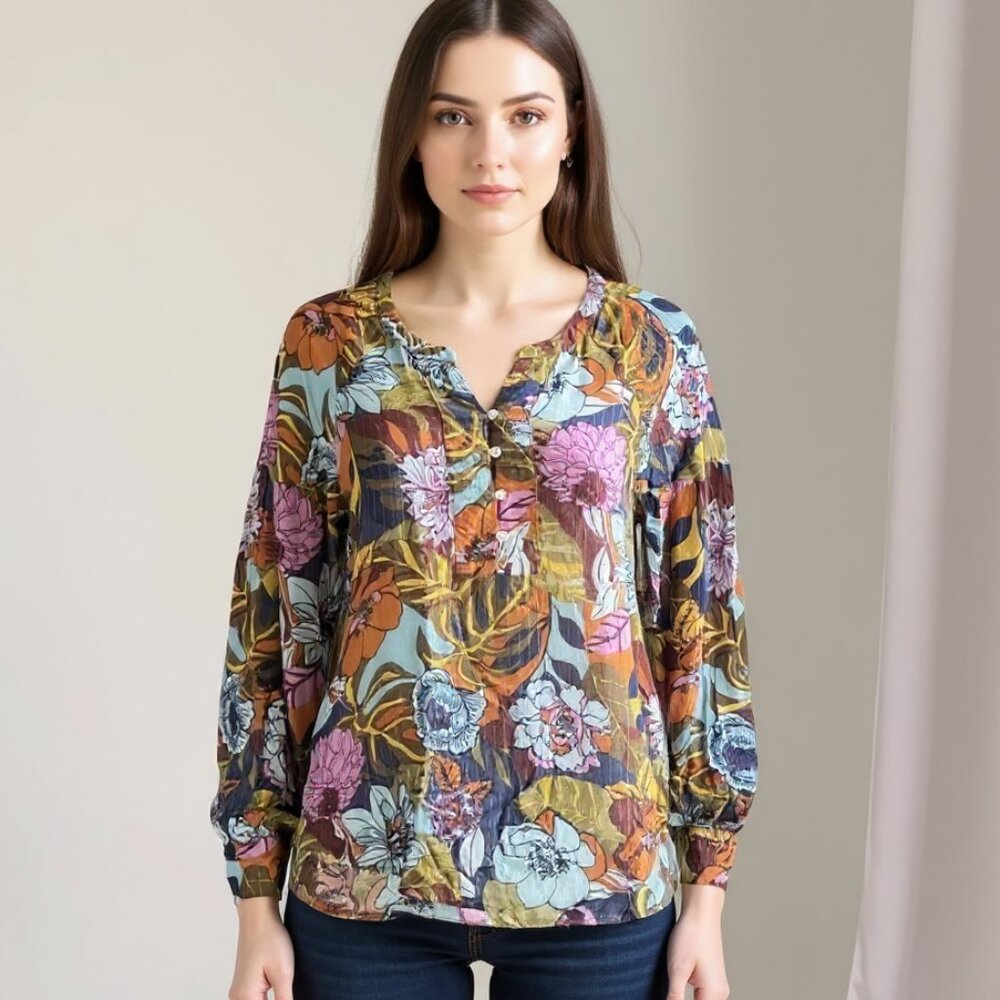 Jane + Delancey Floral Rayon Blouse Metallic Thread Size Small sheer long sleeve